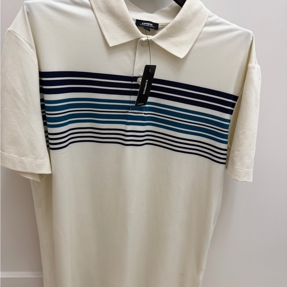 Express Men’s Striped Polo Shirt Cream Blue Short Sleeve NWT Size small - Picture 2 of 12